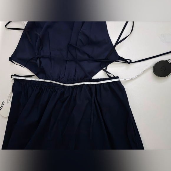 STAUD Vanessa halterneck cotton blend poplin dress pocket tie back midi navy xl - Picture 7 of 14